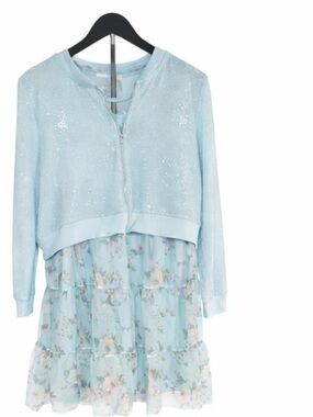 Knit Works Girls 2-Piece Dress Set Blue Floral Chiffon + Cardigan Size 18 Plus